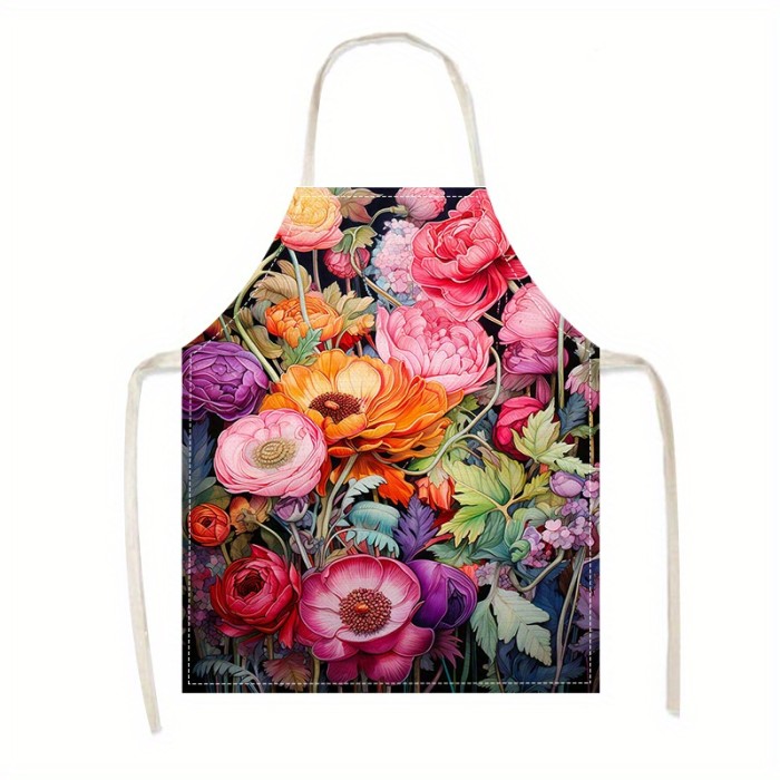 1pc Unique Floral Print Linen Apron - Stylish & Durable for Cooking, Parties, and Kitchen Use - Oil & Stain Resistant, Perfect for Men & Women