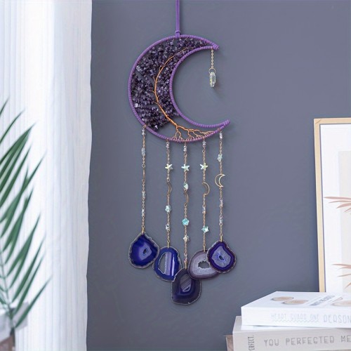 1pc Amethyst Crushed Stone Wrap Silk Tree Of Life Hanging, Crystal Agate Christmas Gift Home Decoration, Moon New Room Hanging, Modern Wall Decor, wall Art, Living Room Nursery Bedroom Decor