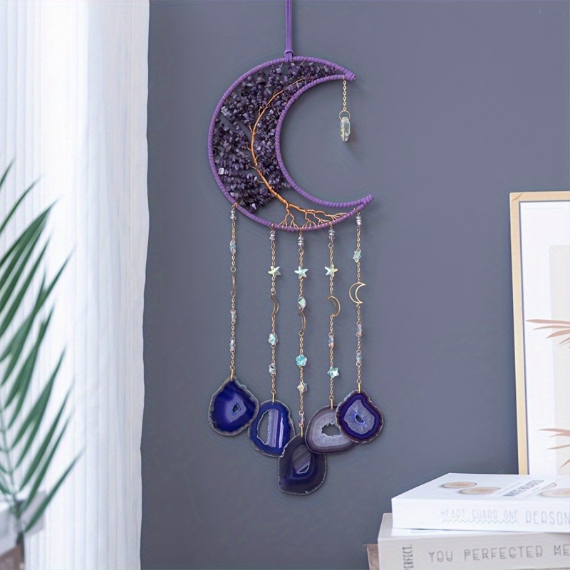 1pc Amethyst Crushed Stone Wrap Silk Tree Of Life Hanging, Crystal Agate Christmas Gift Home Decoration, Moon New Room Hanging, Modern Wall Decor, wall Art, Living Room Nursery Bedroom Decor