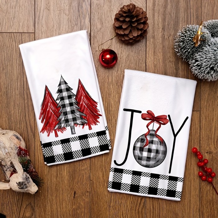 2pcs, Christmas Hand Towels, Black And White Plaid Christmas Tree Kitchen Towel Dish Towe, Christmas Kitchen Decoration, Super Absorbent Dry Cloth Towels, New Home Bathroom Housewarming Gifts