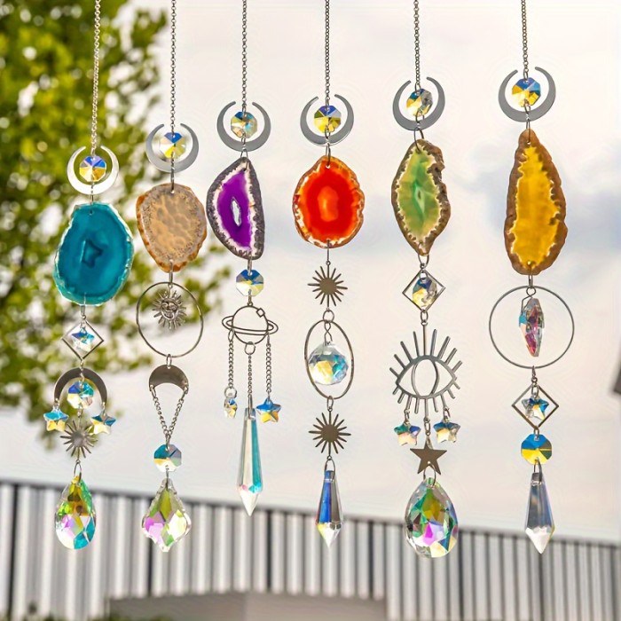 Sun Catcher Wind Chime Dream Catchers With Original Stone Crystal Prisms Agate Pieces For Indoor And Outdoor Car Hanging Pendant Home Garden Wedding Decoration, Home Decor, Garden Ornaments