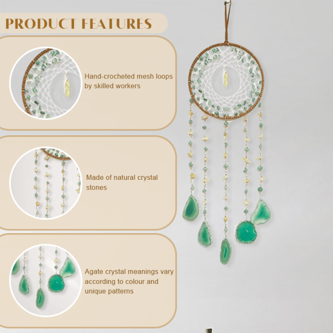 1 pc Green Agate Suncatcher Wind Chime with Hand-Knitted Mesh and Natural Crystal Stones, Love Theme Wedding Garden Hanging Decoration