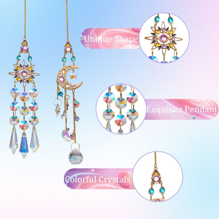 2pcs Vibrant Crystal Hanging Sun Catchers - Crystal Moon & Sun Wind Chime With Diamond Prism Pendant Rainbow Dream Catcher For Home And Garden Decor