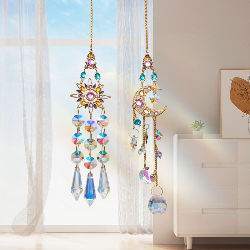 2pcs Vibrant Crystal Hanging Sun Catchers - Crystal Moon & Sun Wind Chime With Diamond Prism Pendant Rainbow Dream Catcher For Home And Garden Decor