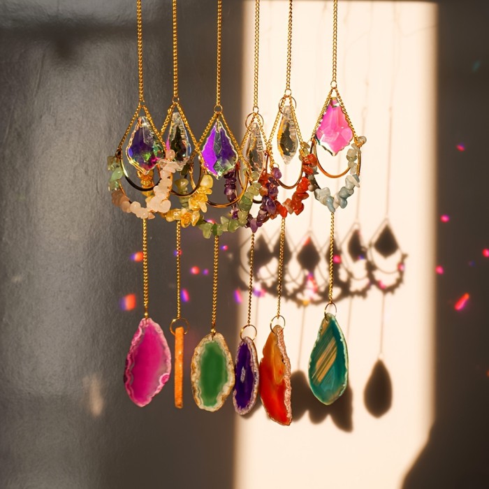 Runyangshi Natural Crystal Moon Wind Chime - Colorful Agate Sun Catcher Pendant for Home & Balcony Decor, Perfect Holiday Gift
