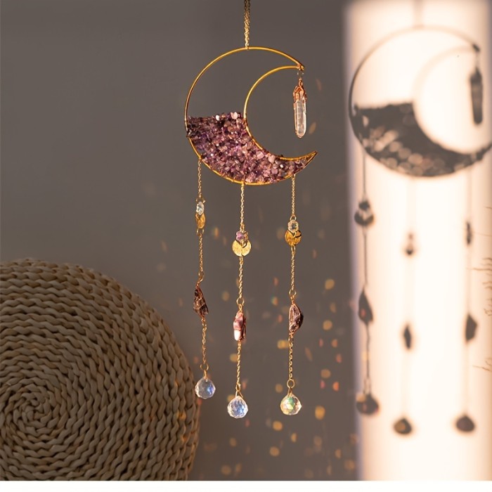 1pc Dream Catcher, Natural Crystal Crushed Stone Sun Catcher, Moon Wind Chime Light Ornament Pendant, Home Decor Gift Accessories Party Garden Decoration, For Bedroom And Living Room Decor, Wall Decor Home Supplies