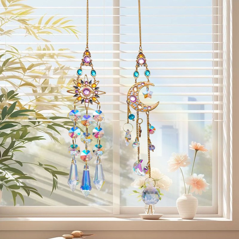 2pcs Vibrant Crystal Hanging Sun Catchers - Crystal Moon & Sun Wind Chime With Diamond Prism Pendant Rainbow Dream Catcher For Home And Garden Decor