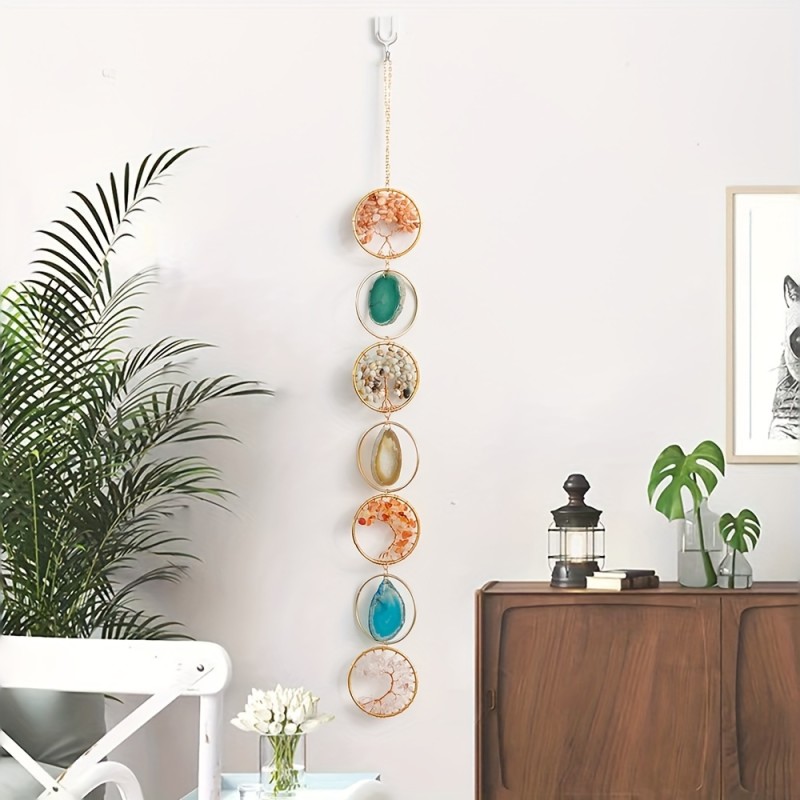 Crystal Tree Wall Hanging Decor, Handcrafted Natural Agate Slices Wind Chimes, 29.5 Inch Hanging Length, Colorful Gemstone Sun Catcher, Metal & Stone Art For Home & Outdoor Decor