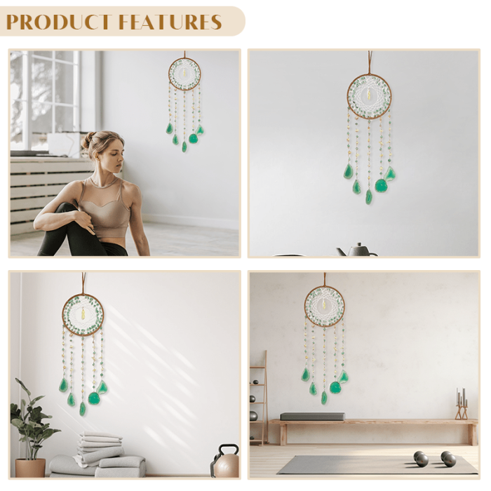 1 pc Green Agate Suncatcher Wind Chime with Hand-Knitted Mesh and Natural Crystal Stones, Love Theme Wedding Garden Hanging Decoration