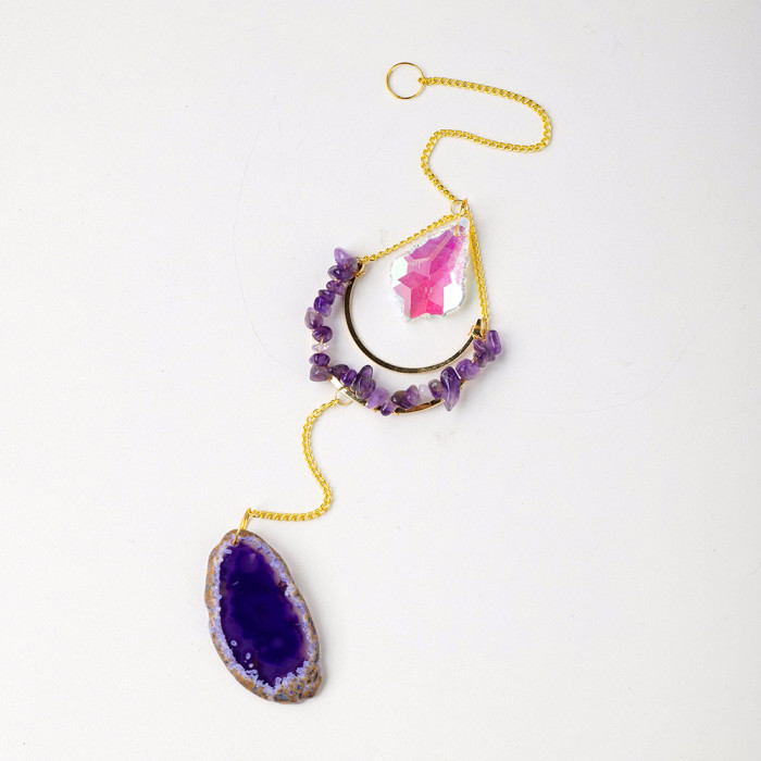 Runyangshi Natural Crystal Moon Wind Chime - Colorful Agate Sun Catcher Pendant for Home & Balcony Decor, Perfect Holiday Gift