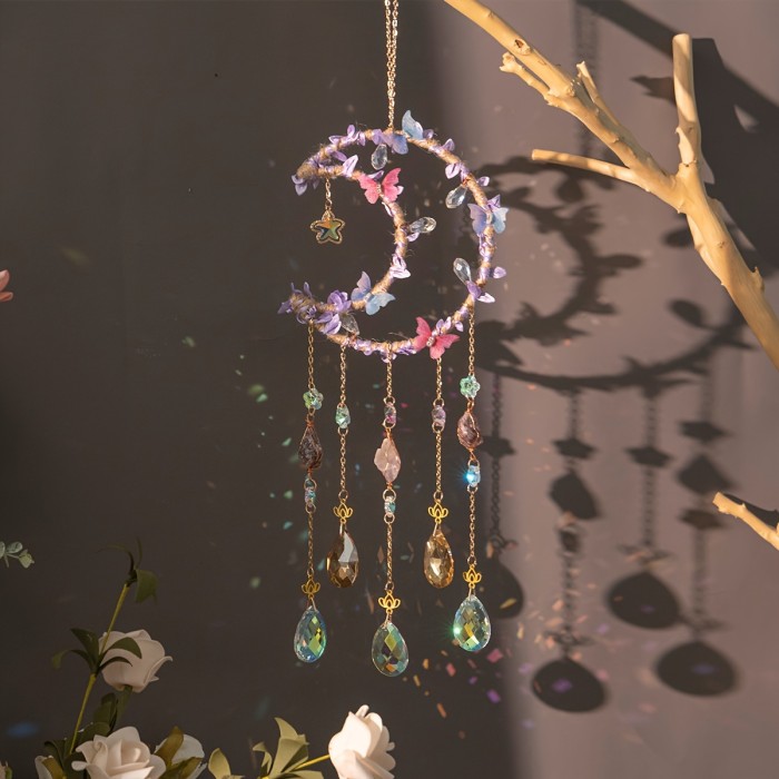 1pc Butterfly Moon Crystals Dreamcatcher Suncatcher Crystal Dreamcatcher Wind Chimes Prisms For Indoor Window Charm Garden Suncatchers Outdoor Decor Crystal Ball Rainbow Maker