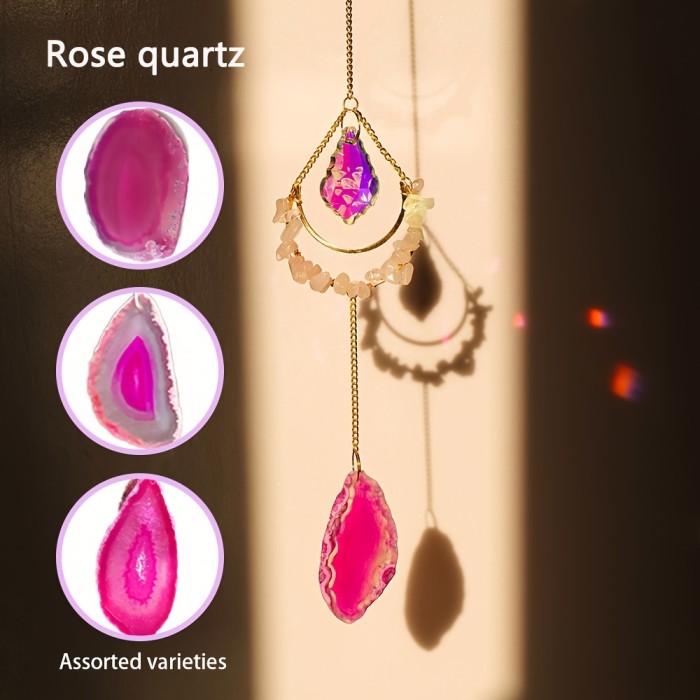 Runyangshi Natural Crystal Moon Wind Chime - Colorful Agate Sun Catcher Pendant for Home & Balcony Decor, Perfect Holiday Gift