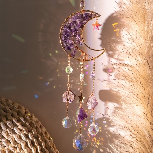1pc Dream Catcher, Natural Crystal Crushed Stone Sun Catcher, Moon Wind Chime Light Ornament Pendant, Home Decor Gift Accessories Party Garden Decoration, For Bedroom And Living Room Decor, Wall Decor Home Supplies