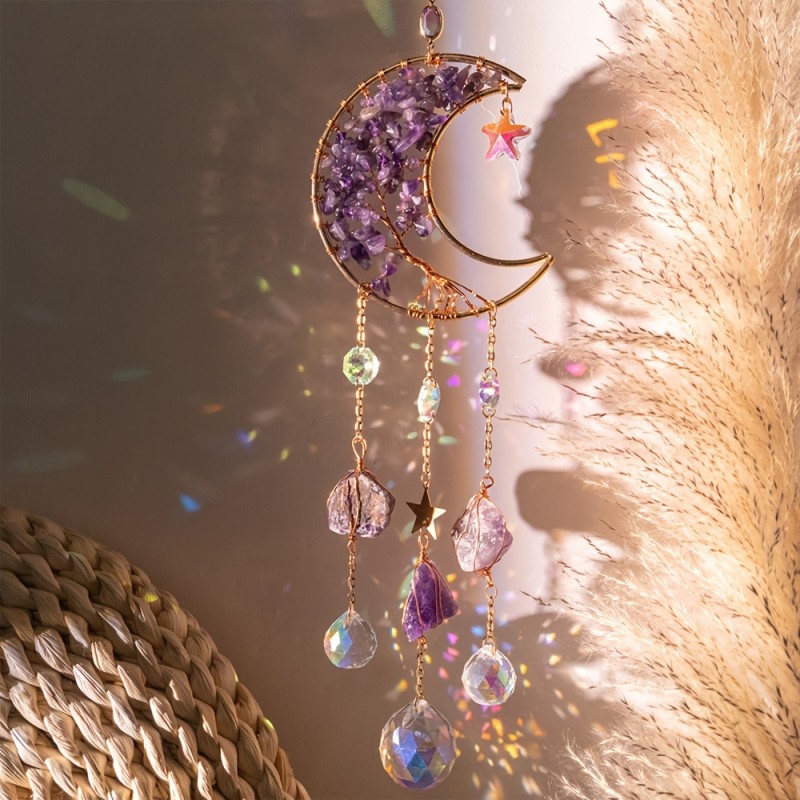 1pc Dream Catcher, Natural Crystal Crushed Stone Sun Catcher, Moon Wind Chime Light Ornament Pendant, Home Decor Gift Accessories Party Garden Decoration, For Bedroom And Living Room Decor, Wall Decor Home Supplies