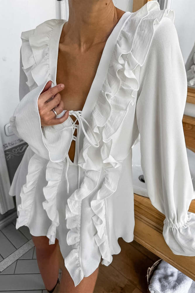 Sexy Lace Up Ruffle V Neck A Line Dresses