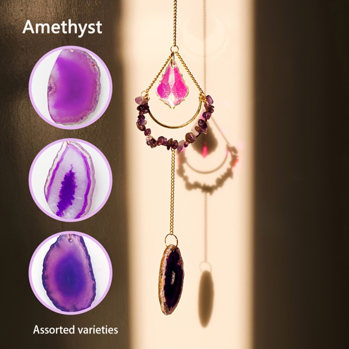 Runyangshi Natural Crystal Moon Wind Chime - Colorful Agate Sun Catcher Pendant for Home & Balcony Decor, Perfect Holiday Gift
