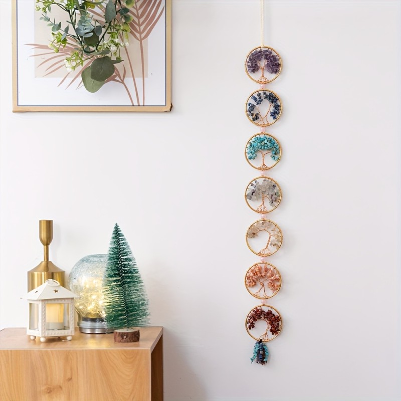 Crystal Tree Wall Hanging Decor, Handcrafted Natural Agate Slices Wind Chimes, 29.5 Inch Hanging Length, Colorful Gemstone Sun Catcher, Metal & Stone Art For Home & Outdoor Decor