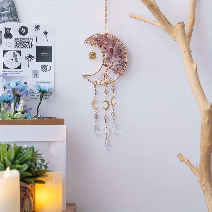 1pc Dream Catcher, Natural Crystal Crushed Stone Sun Catcher, Moon Wind Chime Light Ornament Pendant, Home Decor Gift Accessories Party Garden Decoration, For Bedroom And Living Room Decor, Wall Decor Home Supplies