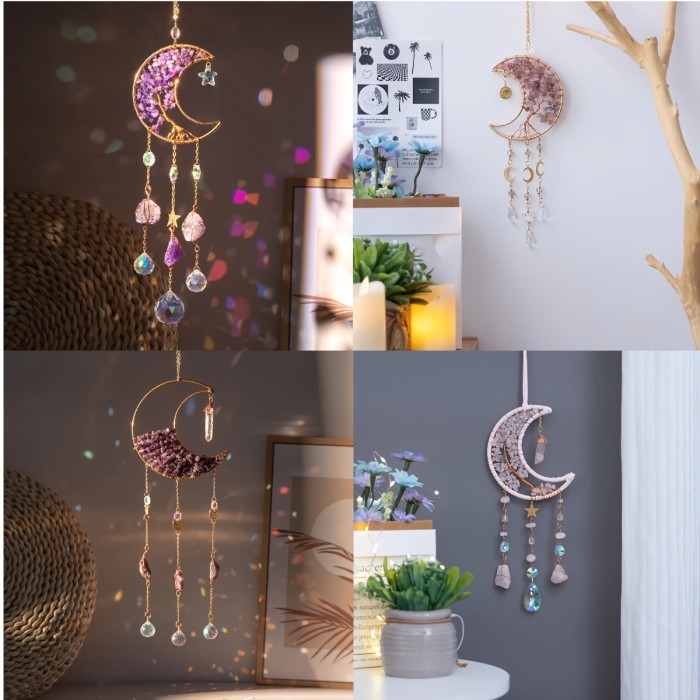 1pc Dream Catcher, Natural Crystal Crushed Stone Sun Catcher, Moon Wind Chime Light Ornament Pendant, Home Decor Gift Accessories Party Garden Decoration, For Bedroom And Living Room Decor, Wall Decor Home Supplies