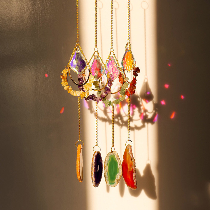 Runyangshi Natural Crystal Moon Wind Chime - Colorful Agate Sun Catcher Pendant for Home & Balcony Decor, Perfect Holiday Gift