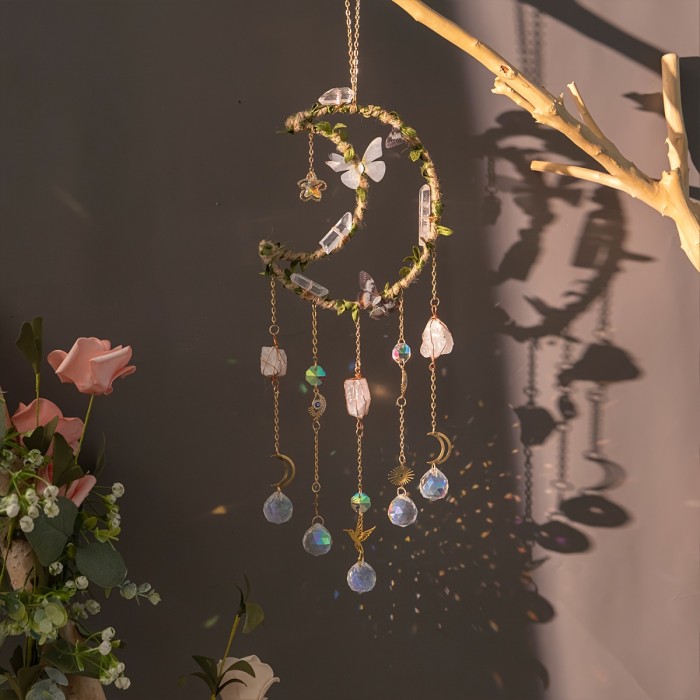 1pc Butterfly Moon Crystals Dreamcatcher Suncatcher Crystal Dreamcatcher Wind Chimes Prisms For Indoor Window Charm Garden Suncatchers Outdoor Decor Crystal Ball Rainbow Maker