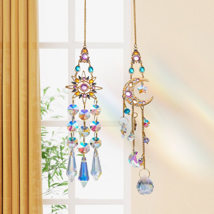 2pcs Vibrant Crystal Hanging Sun Catchers - Crystal Moon & Sun Wind Chime With Diamond Prism Pendant Rainbow Dream Catcher For Home And Garden Decor