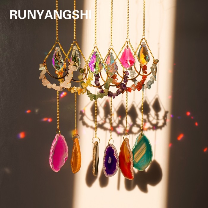 Runyangshi Natural Crystal Moon Wind Chime - Colorful Agate Sun Catcher Pendant for Home & Balcony Decor, Perfect Holiday Gift