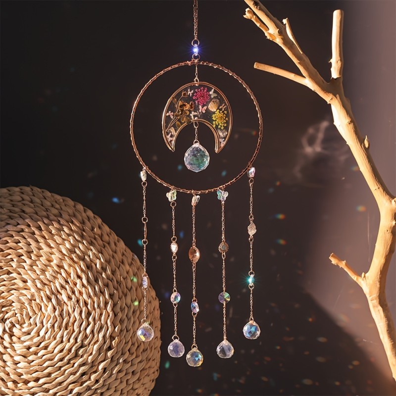 Bohemian Crystal Sun Catcher Dreamcatcher - Wind Chime Wall Hanging with Natural Stone Drops, Perfect for Christmas & Valentine's Day Decor