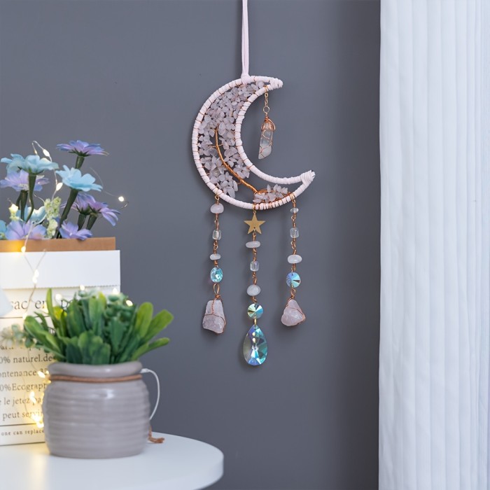1pc Dream Catcher, Natural Crystal Crushed Stone Sun Catcher, Moon Wind Chime Light Ornament Pendant, Home Decor Gift Accessories Party Garden Decoration, For Bedroom And Living Room Decor, Wall Decor Home Supplies