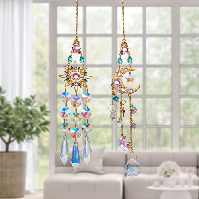 2pcs Vibrant Crystal Hanging Sun Catchers - Crystal Moon & Sun Wind Chime With Diamond Prism Pendant Rainbow Dream Catcher For Home And Garden Decor