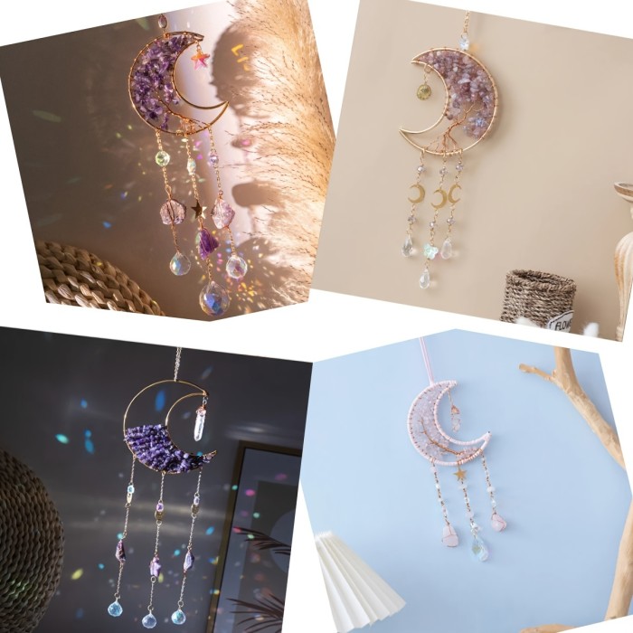 1pc Dream Catcher, Natural Crystal Crushed Stone Sun Catcher, Moon Wind Chime Light Ornament Pendant, Home Decor Gift Accessories Party Garden Decoration, For Bedroom And Living Room Decor, Wall Decor Home Supplies