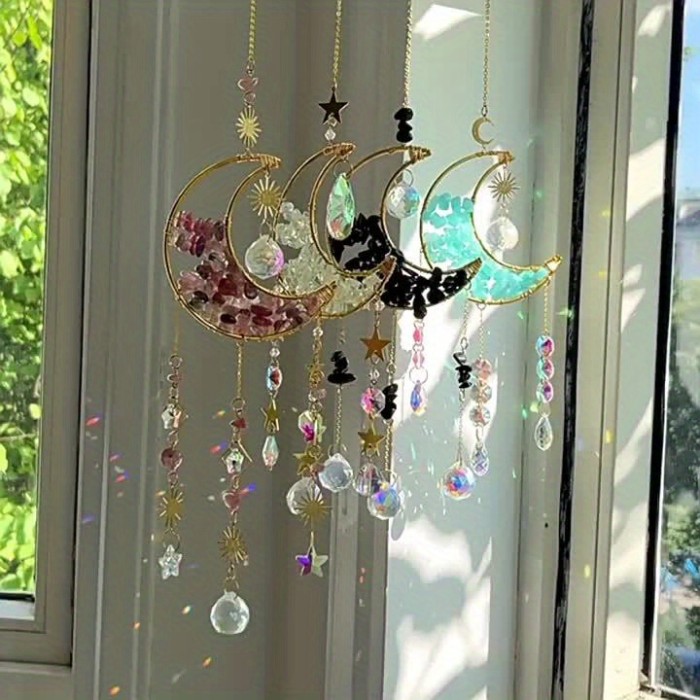1pc, 2024 Spring\u002Fsummer New Sun Catcher Light And Wind Chimes Pendant, Hand-woven Crystal Sun Dreamcatcher Moon, Party Decoration Pendant, Garden Garden Window Decoration Pendant, Mother's Day Father's Day Gift, Birthday Gift