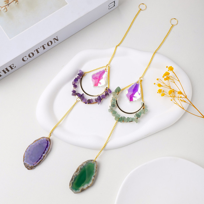 Runyangshi Natural Crystal Moon Wind Chime - Colorful Agate Sun Catcher Pendant for Home & Balcony Decor, Perfect Holiday Gift