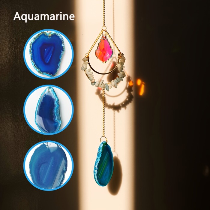 Runyangshi Natural Crystal Moon Wind Chime - Colorful Agate Sun Catcher Pendant for Home & Balcony Decor, Perfect Holiday Gift