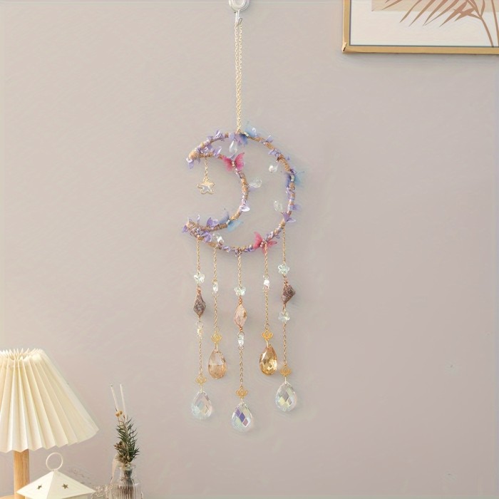 1pc Butterfly Moon Crystals Dreamcatcher Suncatcher Crystal Dreamcatcher Wind Chimes Prisms For Indoor Window Charm Garden Suncatchers Outdoor Decor Crystal Ball Rainbow Maker