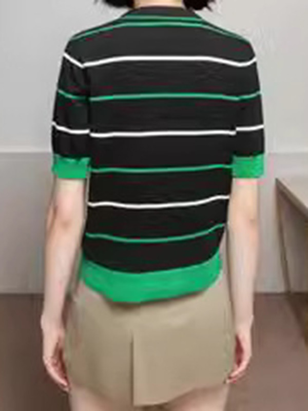 Loose Short Sleeves Contrast Color Split-Joint Striped Round-Neck Pullovers Sweater Tops