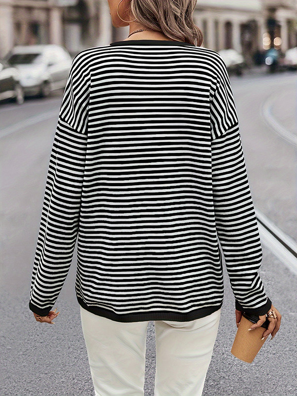 Long Sleeves Loose Contrast Color Split-Joint Striped Round-Neck Pullovers Sweater Tops