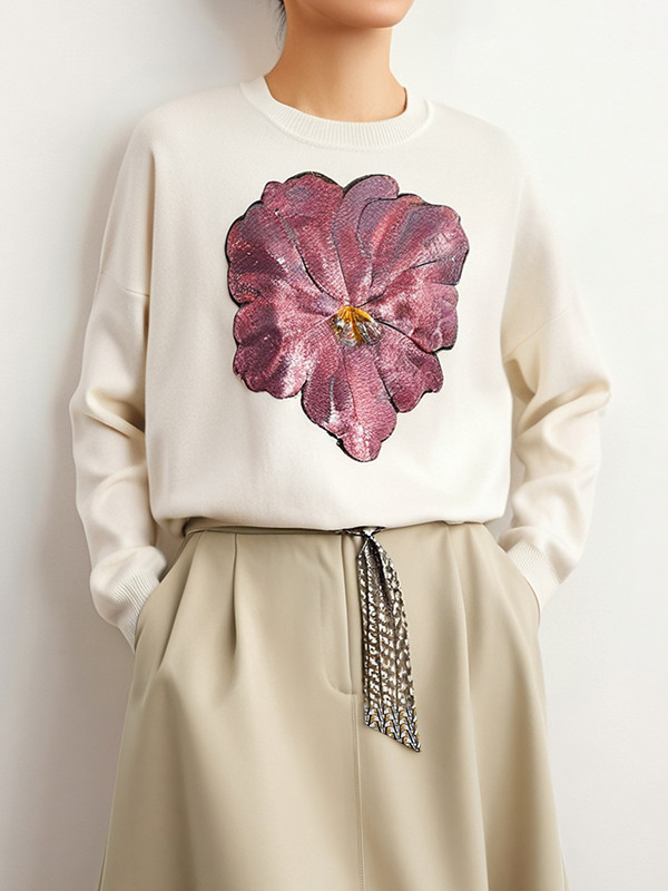 Long Sleeves Loose Embroidered Flower Print Sequined Split-Joint Round-Neck Pullovers Sweater Tops