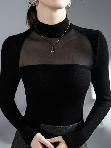 Long Sleeves Skinny Mesh Split-Joint Mock Neck T-Shirts Tops