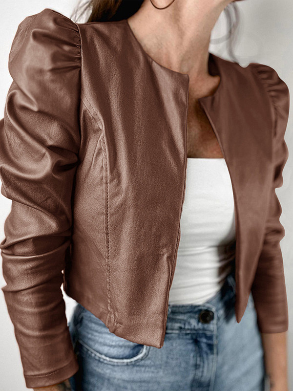 Long Sleeves Loose Pleated Solid Color Split-Joint Collarless Jackets Outerwear