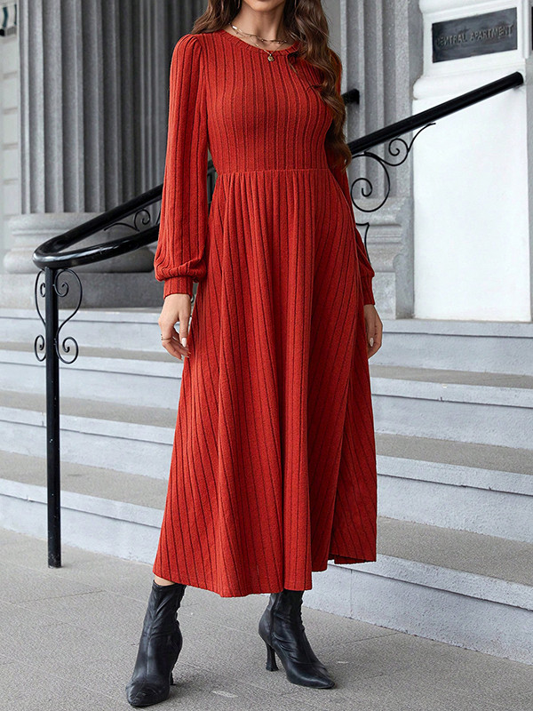 A-Line Long Sleeves Solid Color Split-Joint Round-Neck Midi Dresses