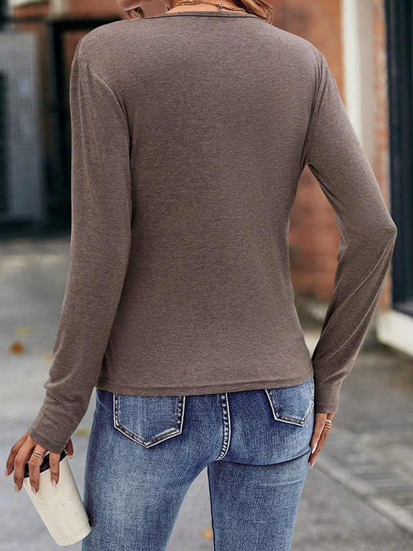 Long Sleeves Skinny Pleated Solid Color Split-Joint V-neck T-Shirts Tops