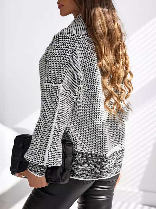 Long Sleeves Loose Contrast Color Split-Joint Collarless Cardigan Tops