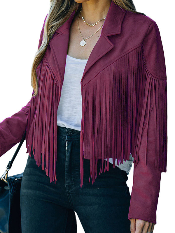 Batwing Sleeves Long Sleeves Solid Color Split-Joint Tasseled Notched Collar Jackets Outerwear