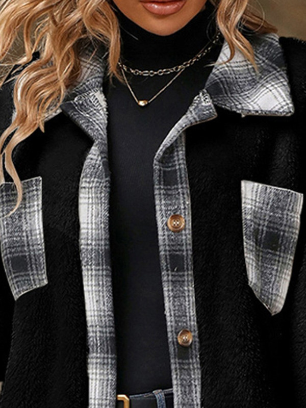 Long Sleeves Loose Buttoned Plaid Pockets Split-Joint Lapel Outerwear