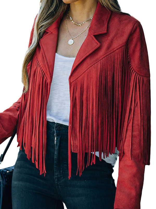 Batwing Sleeves Long Sleeves Solid Color Split-Joint Tasseled Notched Collar Jackets Outerwear