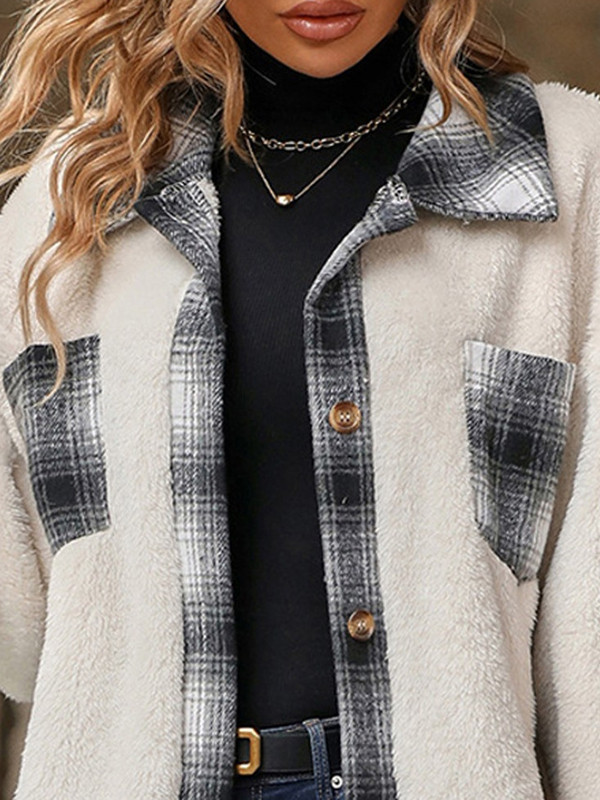Long Sleeves Loose Buttoned Plaid Pockets Split-Joint Lapel Outerwear