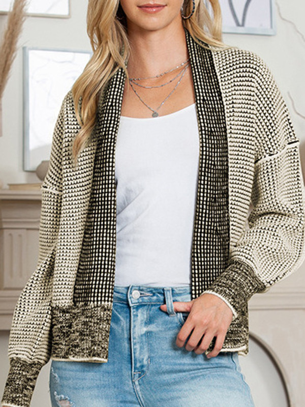 Long Sleeves Loose Contrast Color Split-Joint Collarless Cardigan Tops