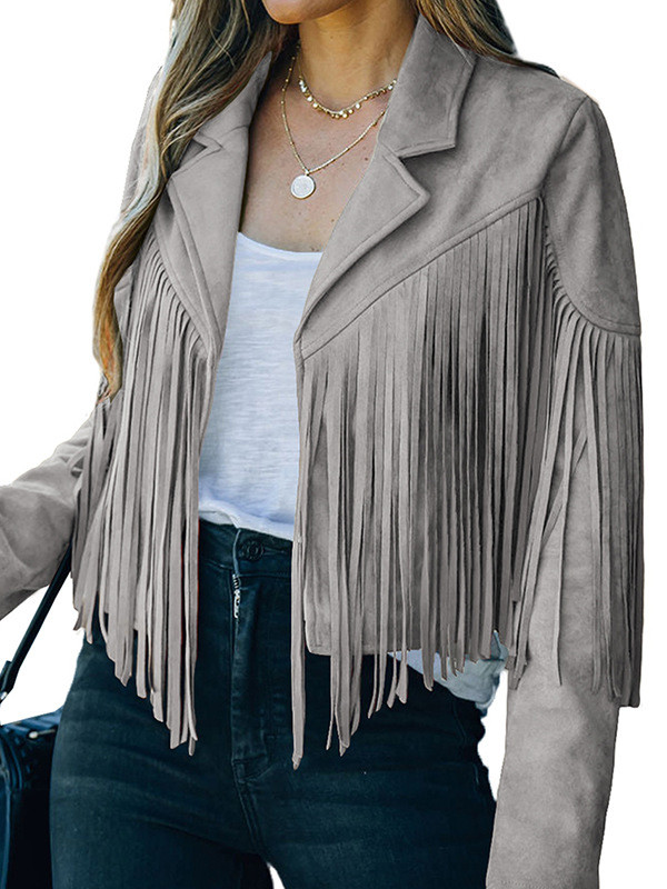Batwing Sleeves Long Sleeves Solid Color Split-Joint Tasseled Notched Collar Jackets Outerwear