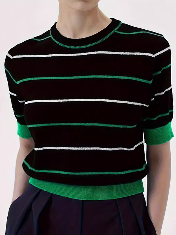 Loose Short Sleeves Contrast Color Split-Joint Striped Round-Neck Pullovers Sweater Tops
